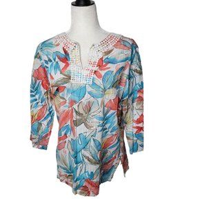 Alfred Dunner 3/4-Sleeve Top Size 8 White Coral Blue Cotton Tropical Hawaiian